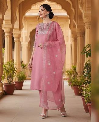 pink color embroidered poly silk styles kurta trouser with dupatta 1