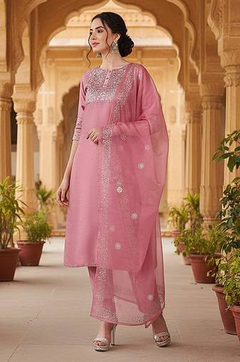 pink color embroidered poly silk styles kurta trouser with dupatta
