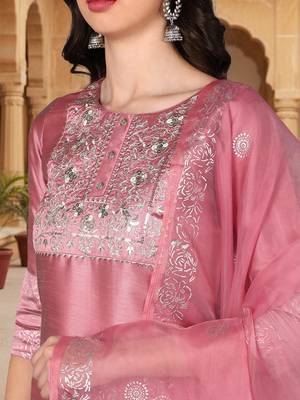 pink color embroidered poly silk styles kurta trouser with dupatta 2