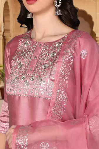 pink color embroidered poly silk styles kurta trouser with dupatta