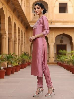 pink color embroidered poly silk styles kurta trouser with dupatta 3
