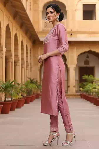 pink color embroidered poly silk styles kurta trouser with dupatta