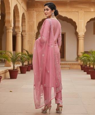 pink color embroidered poly silk styles kurta trouser with dupatta 4