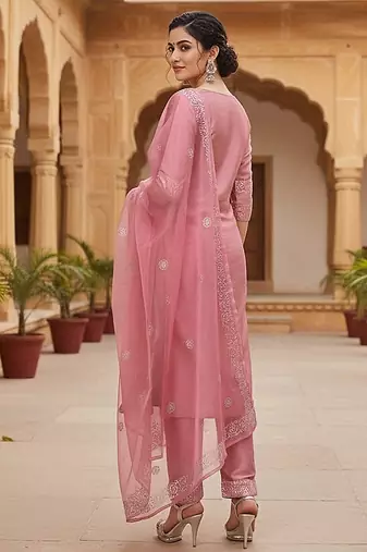 pink color embroidered poly silk styles kurta trouser with dupatta