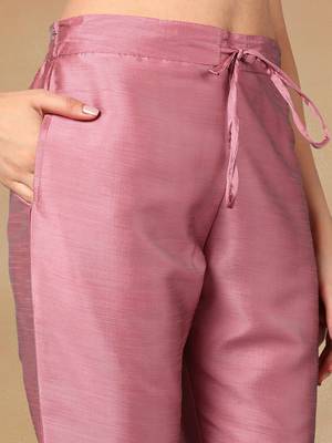 pink color embroidered poly silk styles kurta trouser with dupatta 5