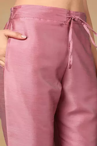 pink color embroidered poly silk styles kurta trouser with dupatta