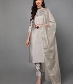 grey color embroidered poly silk styles kurta trouser with dupatta