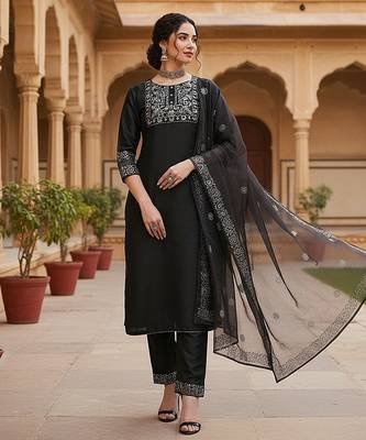 black color embroidered poly silk styles kurta trouser with dupatta 1