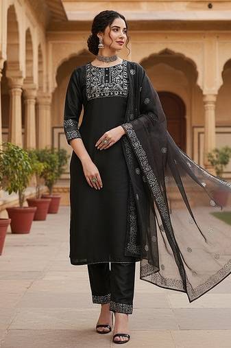 black color embroidered poly silk styles kurta trouser with dupatta