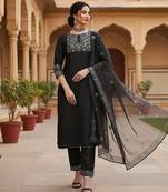 black color embroidered poly silk styles kurta trouser with dupatta