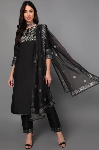 black color embroidered poly silk styles kurta trouser with dupatta