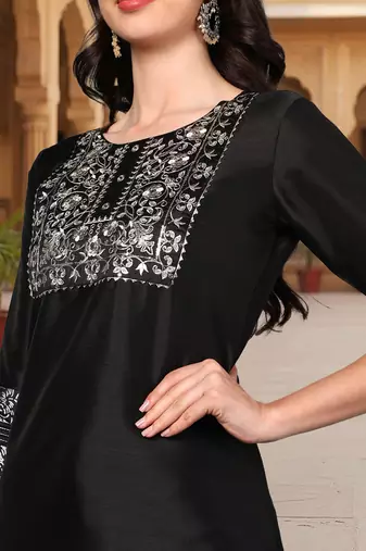 black color embroidered poly silk styles kurta trouser with dupatta