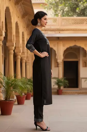 black color embroidered poly silk styles kurta trouser with dupatta