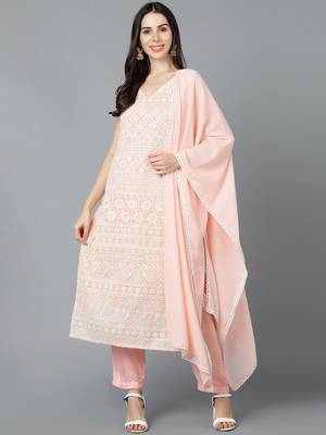 peach color embroidered poly georgette styles kurta trouser with dupatta 1
