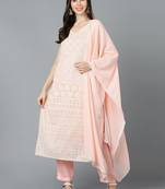 peach color embroidered poly georgette styles kurta trouser with dupatta