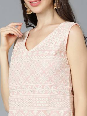 peach color embroidered poly georgette styles kurta trouser with dupatta 2