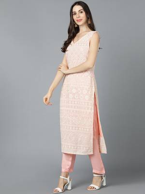 peach color embroidered poly georgette styles kurta trouser with dupatta 3