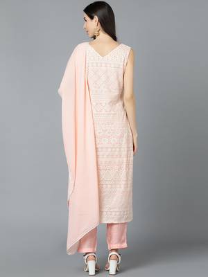 peach color embroidered poly georgette styles kurta trouser with dupatta 4