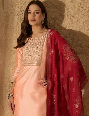 peach color embroidered poly silk styles kurta trouser with dupatta 1