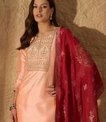 peach color embroidered poly silk styles kurta trouser with dupatta