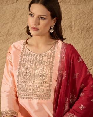 peach color embroidered poly silk styles kurta trouser with dupatta 2
