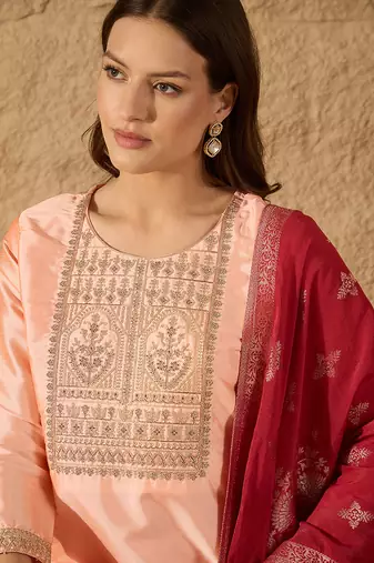 peach color embroidered poly silk styles kurta trouser with dupatta