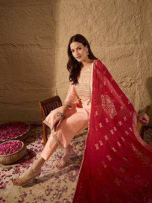 peach color embroidered poly silk styles kurta trouser with dupatta 3