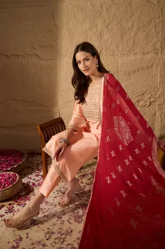 peach color embroidered poly silk styles kurta trouser with dupatta