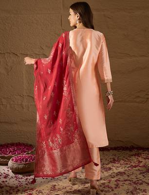peach color embroidered poly silk styles kurta trouser with dupatta 4