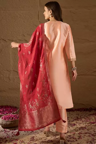 peach color embroidered poly silk styles kurta trouser with dupatta