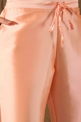 peach color embroidered poly silk styles kurta trouser with dupatta
