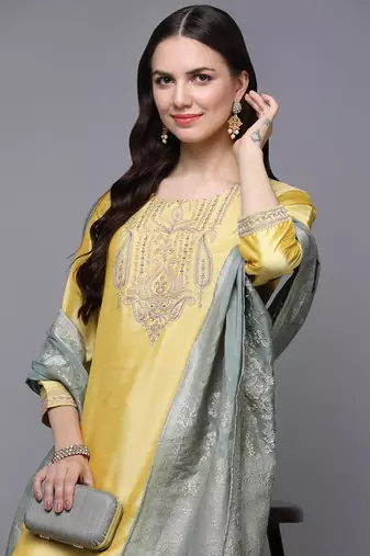 Yellow Silk Embroidered Zari Work Kurta Set