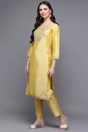 Yellow Silk Embroidered Zari Work Kurta Set
