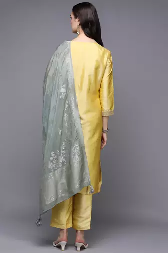 Yellow Silk Embroidered Zari Work Kurta Set