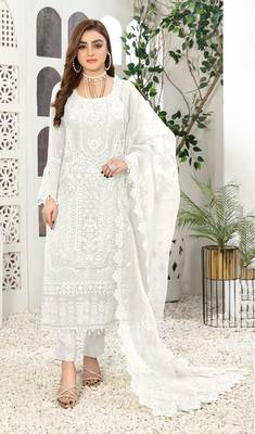 Cream grey embroidered faux georgette salwar suit 1
