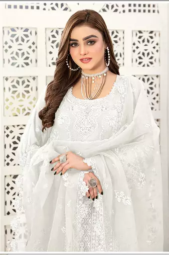 Cream grey embroidered faux georgette salwar suit