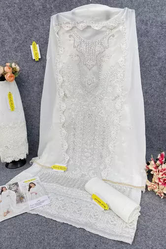 Cream grey embroidered faux georgette salwar suit