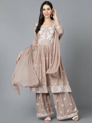beige color embroidered poly silk styles kurta sharara with dupatta 1
