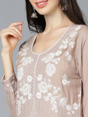 beige color embroidered poly silk styles kurta sharara with dupatta 2