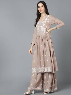 beige color embroidered poly silk styles kurta sharara with dupatta 3