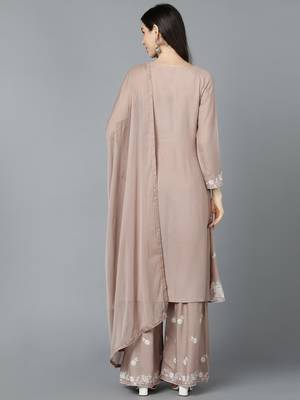 beige color embroidered poly silk styles kurta sharara with dupatta 4