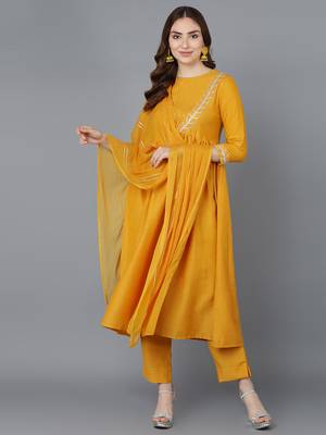 mustard color embroidered poly silk styles kurta trouser with dupatta 1