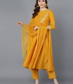 mustard color embroidered poly silk styles kurta trouser with dupatta