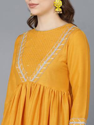 mustard color embroidered poly silk styles kurta trouser with dupatta 2
