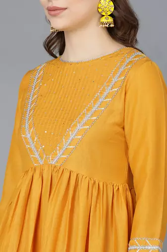 mustard color embroidered poly silk styles kurta trouser with dupatta