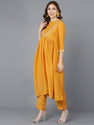 mustard color embroidered poly silk styles kurta trouser with dupatta 3