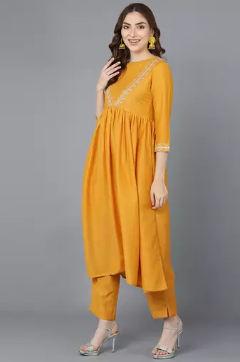 mustard color embroidered poly silk styles kurta trouser with dupatta