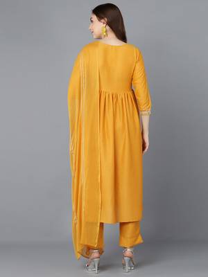 mustard color embroidered poly silk styles kurta trouser with dupatta 4
