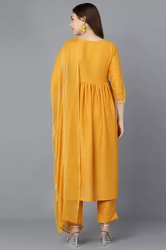 mustard color embroidered poly silk styles kurta trouser with dupatta
