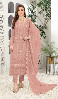 Peach embroidered faux georgette salwar suit 1